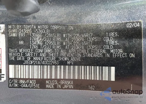 2004 Toyota Highlander Limited V6 from USA, damaged, VIN JTEDP21A740022983